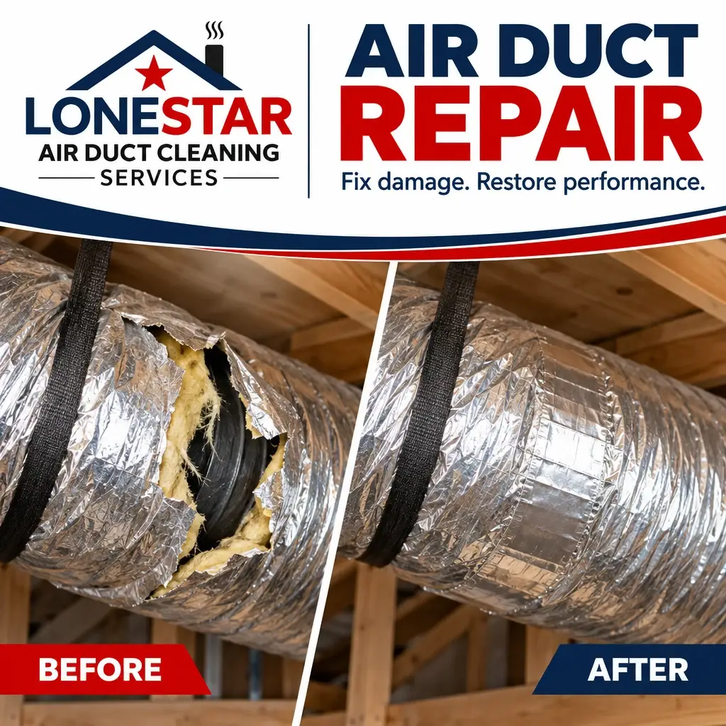 Lone Star air duct repair graphic comparing residential conditions